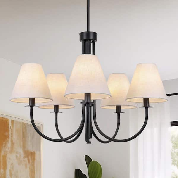 5-Light Dimmable Classic / Traditional Black Chandelier with White Fabric Shade for Dining Room