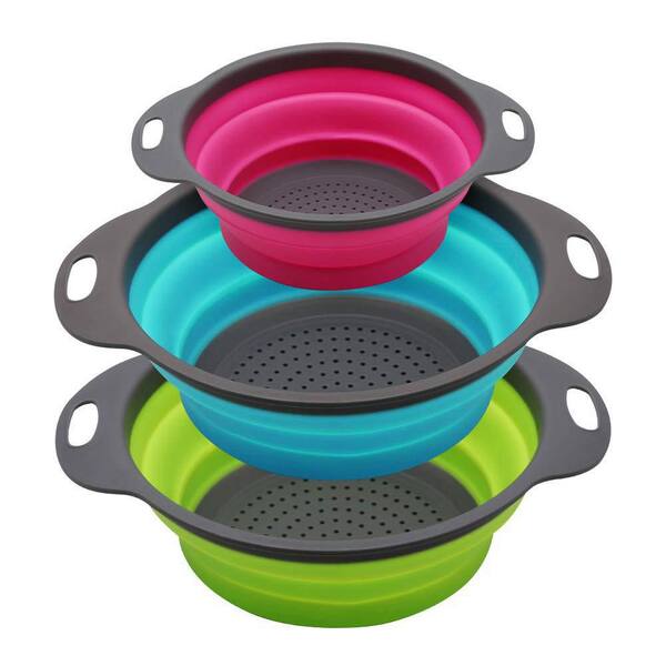 Collapsible Space-Saving Ergonomic Silicone Colander Set of 3 (Green, Blue, Purple)