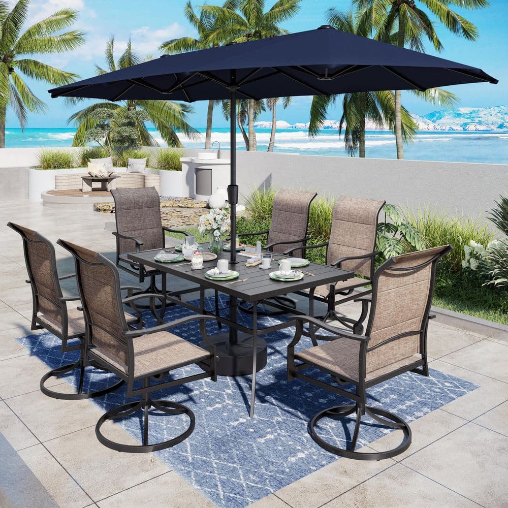 PHI VILLA 8-Piece Metal Outdoor Patio Dining Set with Padded Textilene Swivel Chairs, Rectangular Slat Table and Umbrella THD8-32611610Z