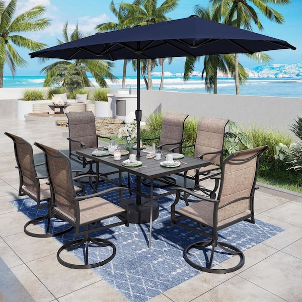 PHI VILLA 8-Piece Metal Outdoor Patio Dining Set with Padded Textilene Swivel Chairs, Rectangular Slat Table and Umbrella