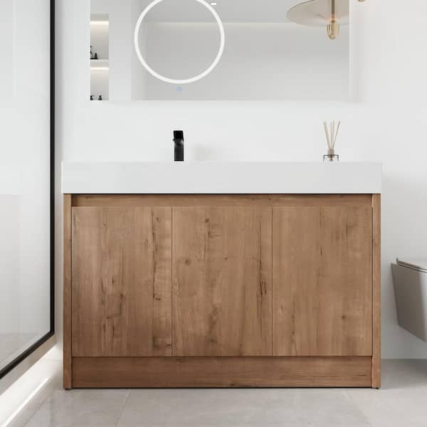 47.2 in. W x 18.1 in. D x 35 in. H Freestanding Bath Vanity in Light Brown with White Resin Vanity Top