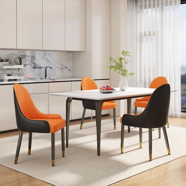 (Set of 4) Ergonomic PU Faux Leather Dining Chair Morden Desk Chair with Solid Wood Metal Legs and Backrest, Orange