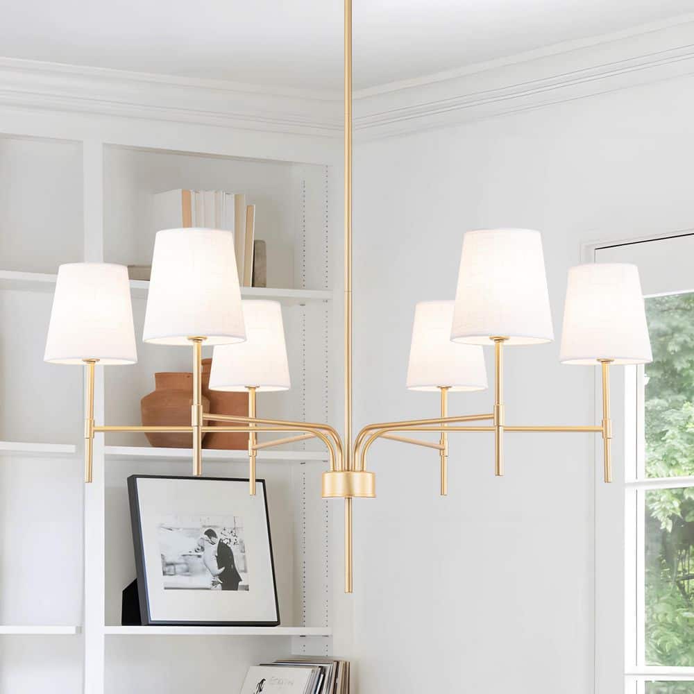 6-Light Modern Gold Chandelier with White Linen Shades, Adjustable Downrods for Dining Room and Living Room price history on PriceWatchPro