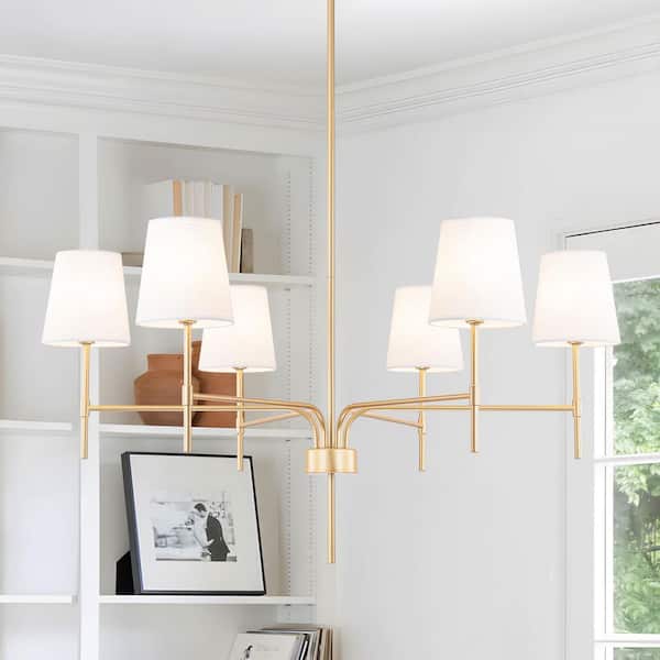 6-Light Modern Gold Chandelier with White Linen Shades, Adjustable Downrods for Dining Room and Living Room
