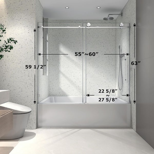 Judith 60 in. W x 63 in. H Semi Frameless Double Bypass Sliding Tub Door in Nickel with Tempered Glass