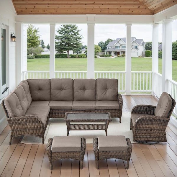 Gymojoy Carlos 6-Piece All-Weather Brown Wicker Outdoor Swivel Chair Patio Conversation Set with Gray Cushions