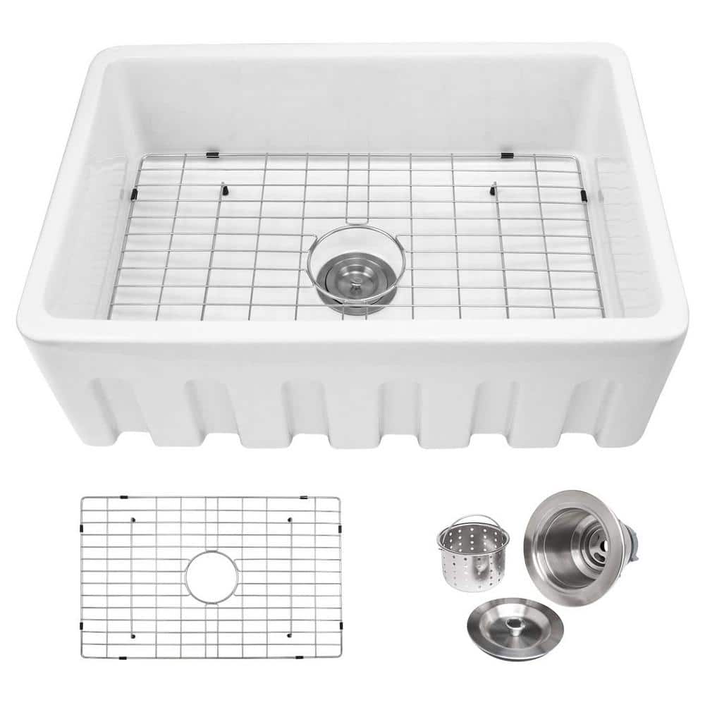 30 in. Farmhouse Single Bowl White Ceramic Kitchen Sink Basin with Basket S