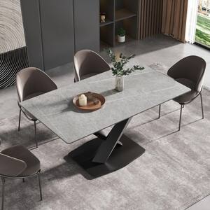 J&E Home 62.99 in. Rectangle White Sintered Stone Tabletop Dining Table ...