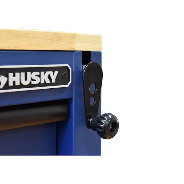 Husky - 72 in. W x 24 in. D Heavy Duty 18-Drawer Adjustable Height Mobile Workbench with Solid Wood Top in Matte Blue