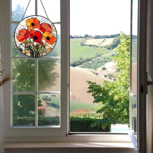 Red Poppy Forest Stained Glass Art Glass Window HDF4XNJ27V - The