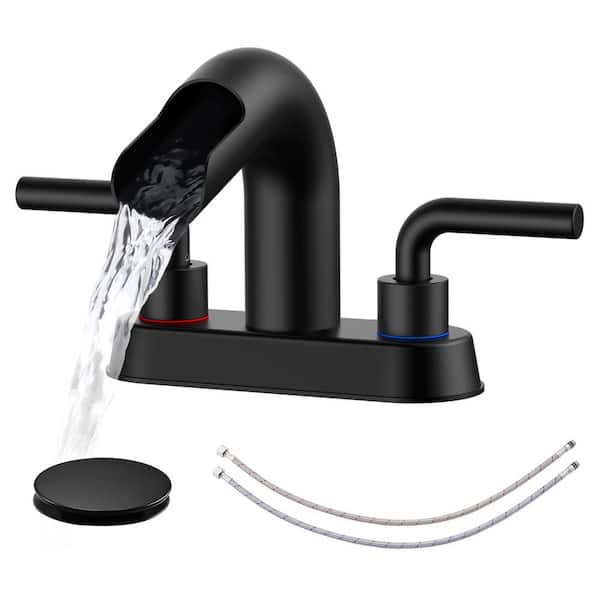 AKLFGN 4 in. Bathroom Faucet Double Handle 3-Hole Waterfall Bathroom Sink Faucet with Pop-Up Drain in Matte Black