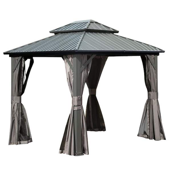 Domi 8 ft. x 10 ft. Galvanized Steel Hardtop Gazebo with Netting and Curtains, Gray