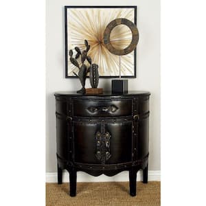 Dark Brown Wood Vintage Faux Leather Cabinet with Faux Leather Buckle Straps and Stud Details