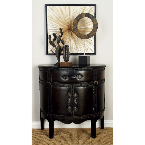 Litton Lane Dark Brown Wood Vintage Faux Leather Cabinet with Faux Leather Buckle Straps and Stud Details