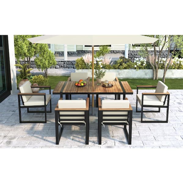 Unbranded 7-Piece Metal Outdoor Dining Set with Beige Cushion
