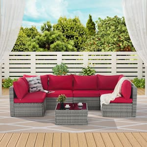 7-Pieces Wicker Rattan Outdoor Furniture Sectional Sofa Set with Red Cushion and Table Set
