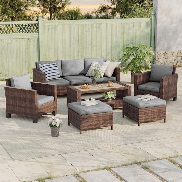 6-Piece Patio Sofa Set Brown Wicker Outdoor Furniture Set with Coffee Table, Gray