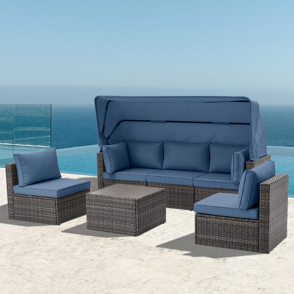 Zeus & Ruta 6-Piece Wicker Patio Conversation Set With Adjustable Canopy and Backrest Blue Cushions for Summer Outside, Backyard