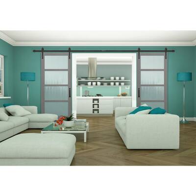 60 in. x 84 in. Driftwood 4 Lite Clear Coat Finish Interior Sliding Barn Door with Bronze Hardware Kit