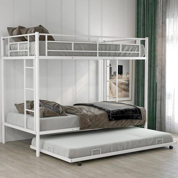 Nestfair White Twin Over Twin Size Metal Bunk Bed with Trundle ...