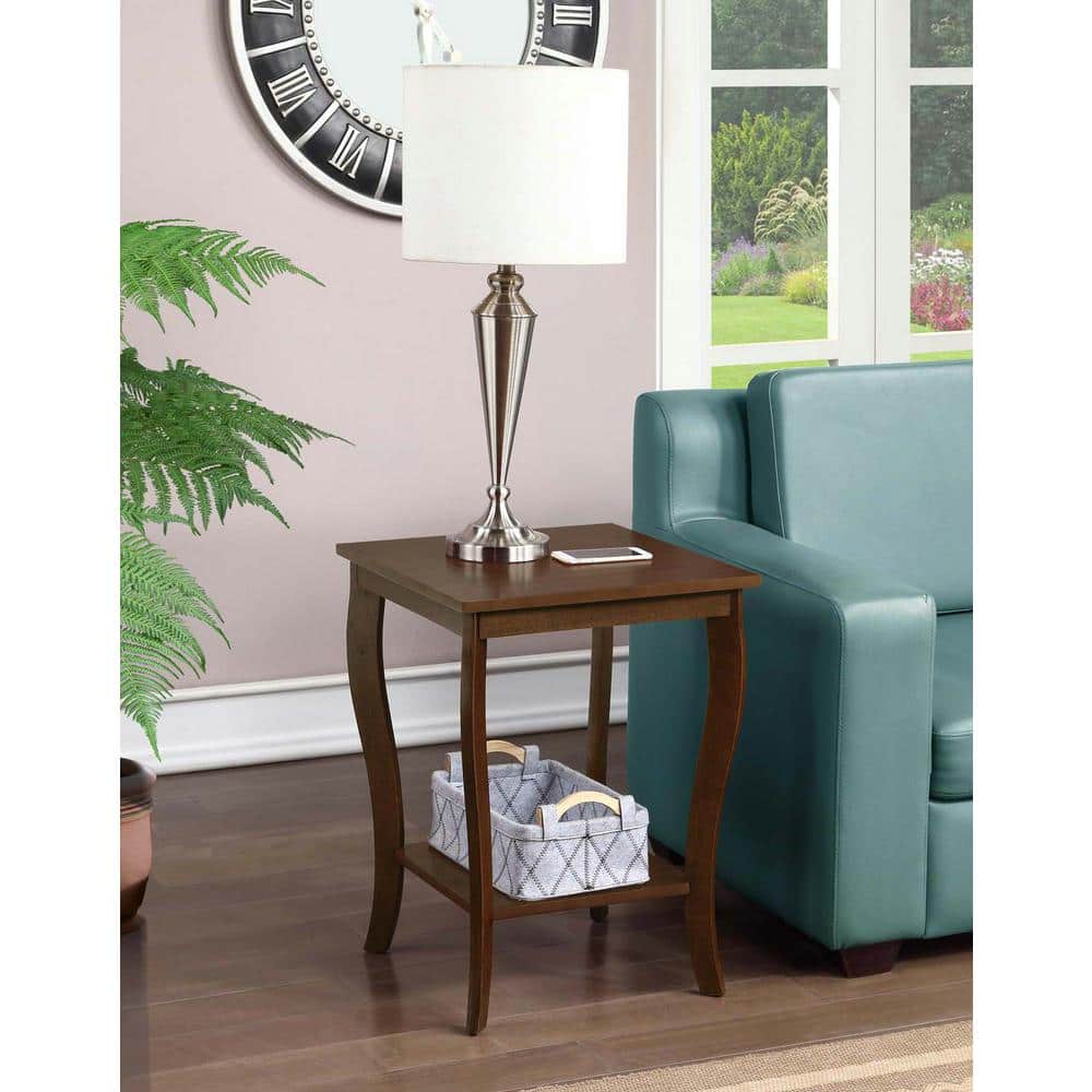 Espresso Brown Wood and Metal Square End Table with Shelf