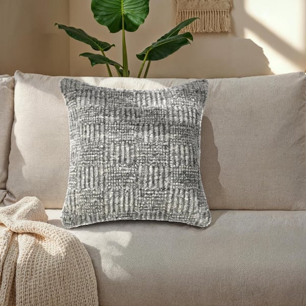 Slick Recycled Fabric Gray Square Outdoor Accent Throw Pillow with Gray Fringe