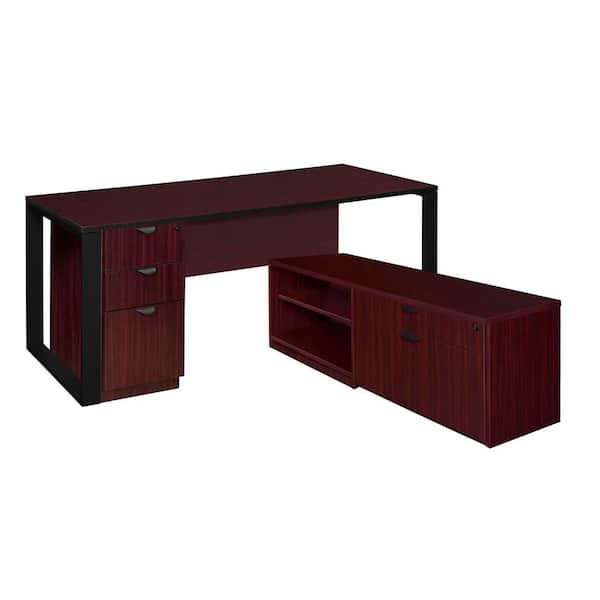 Regency Caranna 66 .in x 30 .in L-Desk with Laminate Low Credenza- Mahogany/Black