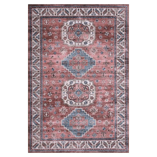 Garvee Pink 5 ft. x 7 ft. Vintage Geometric Tribal Machine Washable Area Rug