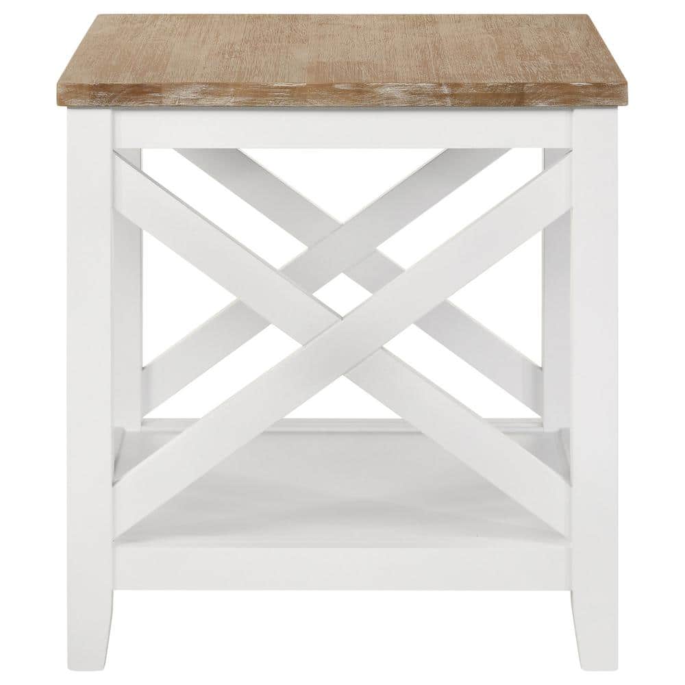 Coastal Brown and White Square Wooden End Table with Shelf