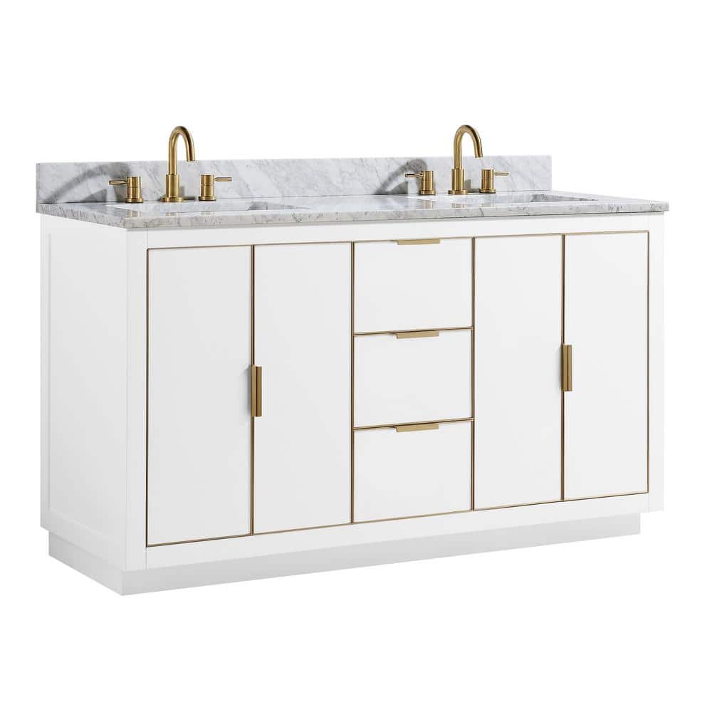 Contemporary 60" White Double Vanity with Marble Top and Gold Accents