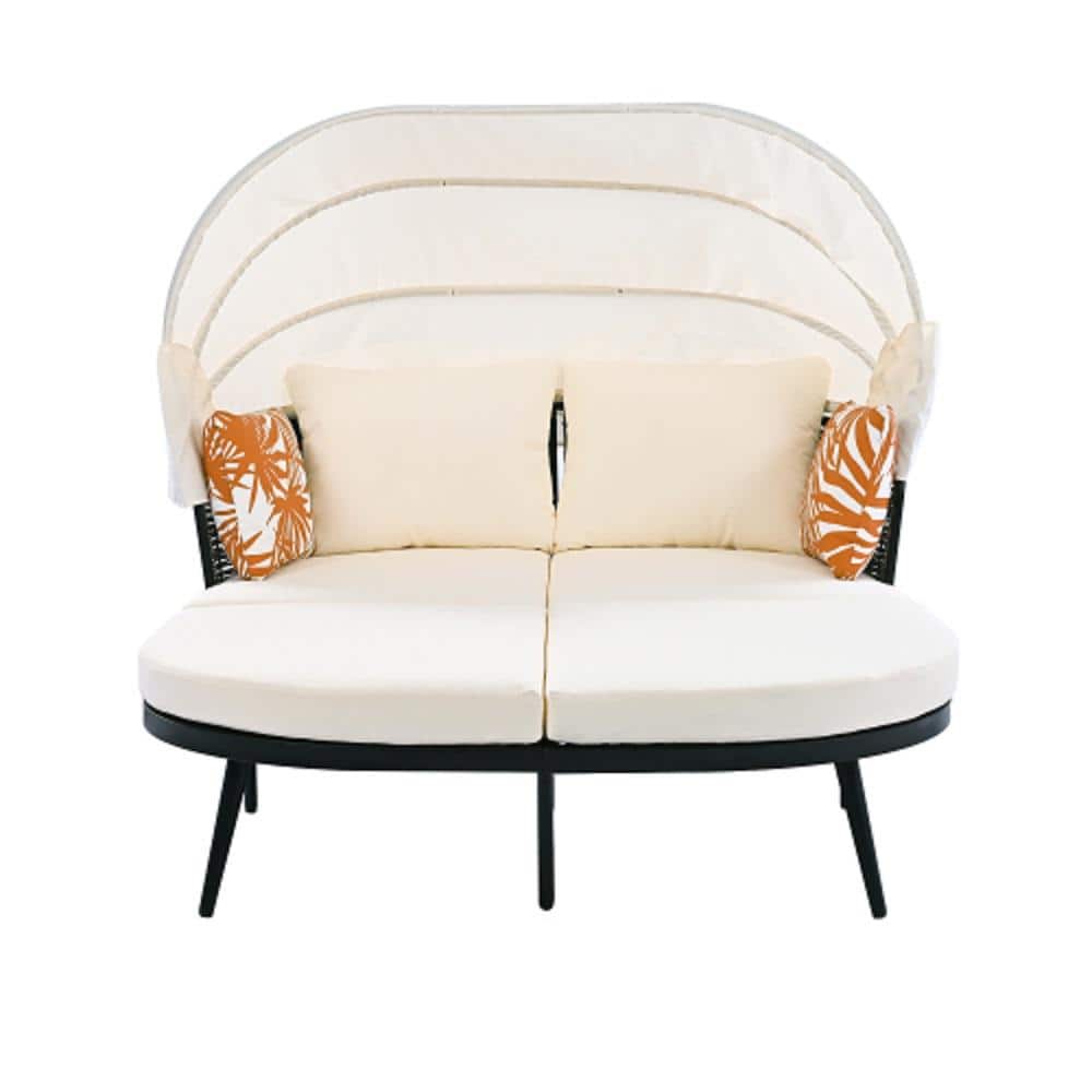 74.8 in. Durable Metal Frame Rattan Wicker Outdoor Beige Day Bed with Retra