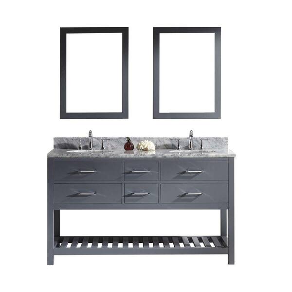 Virtu USA Caroline Estate 60 in. W Bath Vanity in Gray with Marble Vanity Top in White with Round Basin and Mirror