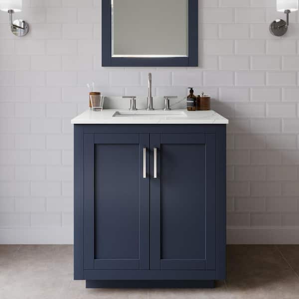 Wyndham Collection Miranda 30 in. W x 22 in. D x 33.75 in. H Single Bath Vanity in Dark Blue with Giotto Quartz Top and 24 in. Mirror