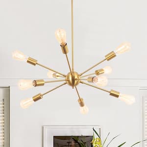 10-Light Gold Linear Sputnik Chandelier for Living Room Kitchen Island with No Bulbs Included