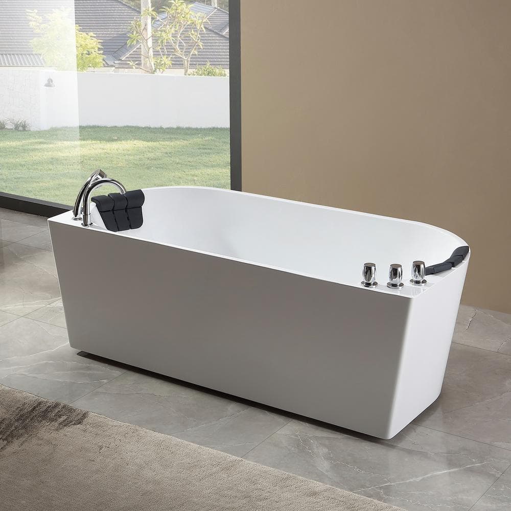 59'' White Acrylic Freestanding Whirlpool Bathtub with Faucet