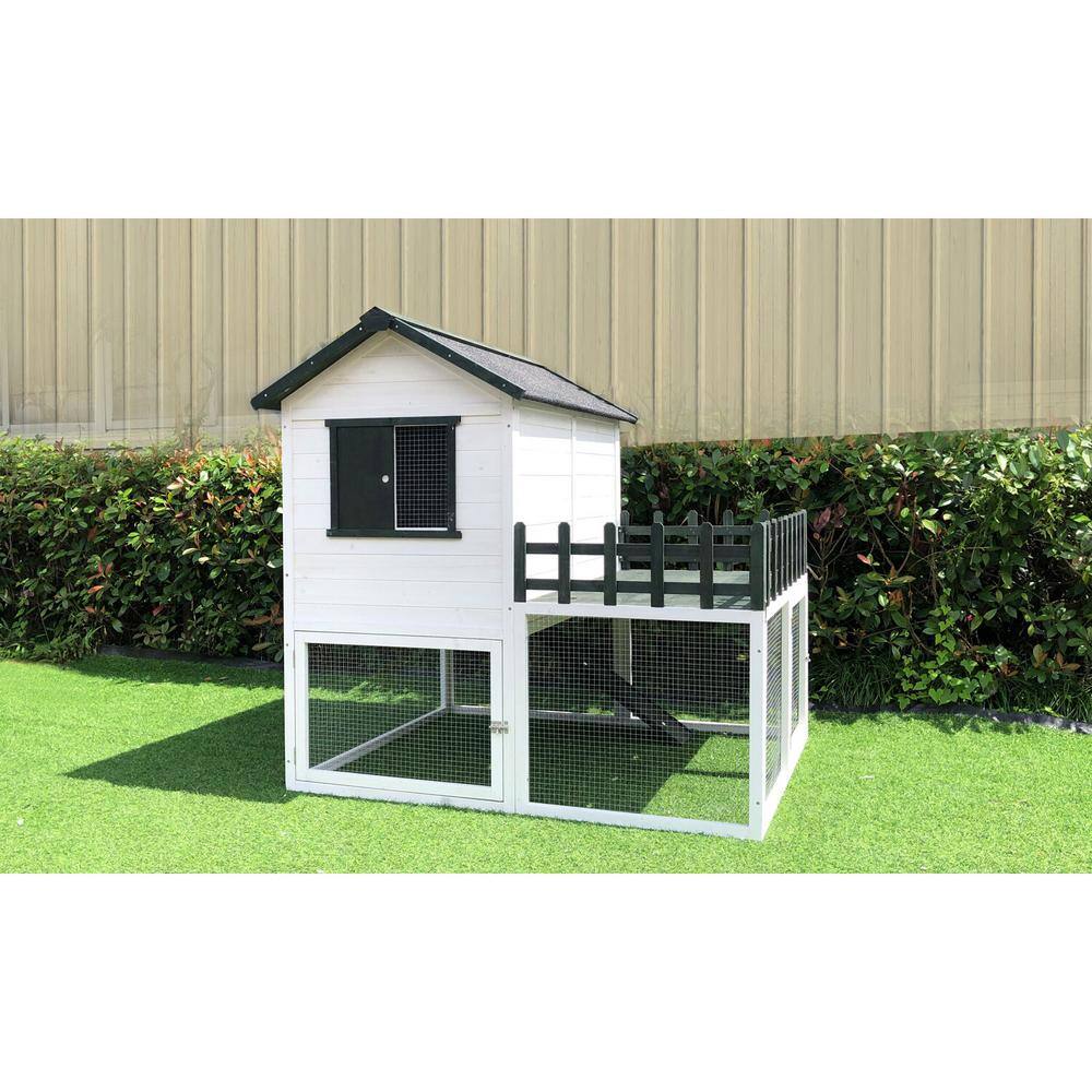 White and Black Elevated Wooden Chicken Coop with Ramp and Wire Mesh Run