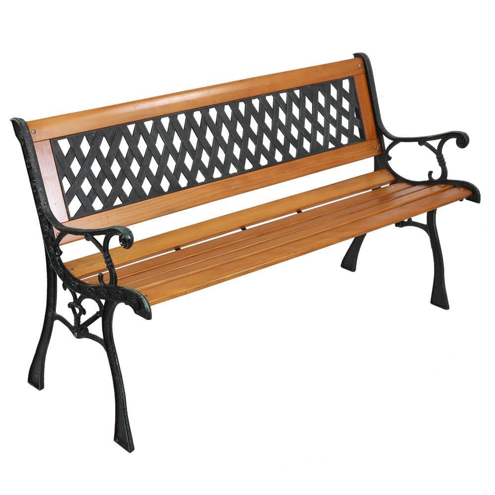 50 in. Metal Frame Wood Outdoor Bench with Grid PVC Backrest and Strong Slats, Cast Iron Loveseat for Patio Garden Yard price history on PriceWatchPro