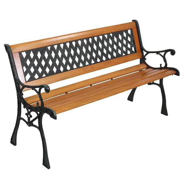 VINGLI 50 in. Metal Frame Wood Outdoor Bench with Grid PVC Backrest and Strong Slats, Cast Iron Loveseat for Patio Garden Yard