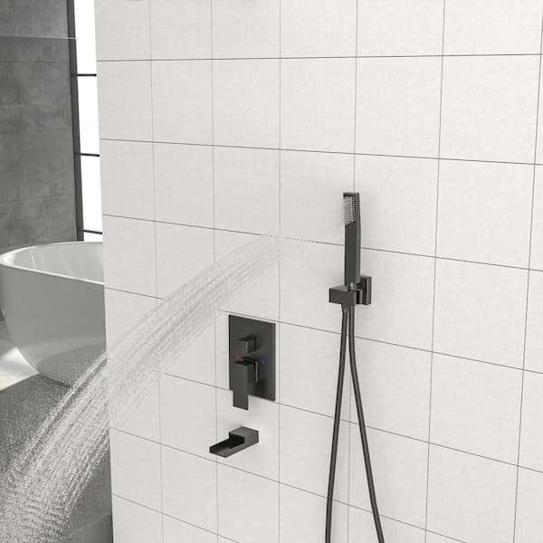1-Spray 16 in. Ceiling Mount Square Rainfall Shower Head with Hand Shower and Tub and Faucet in Black (Valve Included)