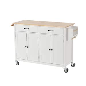 54.3 in. Spice Rack Towel Rack White Kitchen Island with Solid Wood Top and Locking Wheels 4-Door Cabinet and 2-Drawers