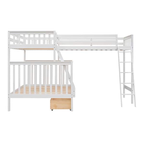 Utopia 4niture Freyja White L-Shaped Twin Over Full Bunk Bed and Twin Loft Bed with Drawers