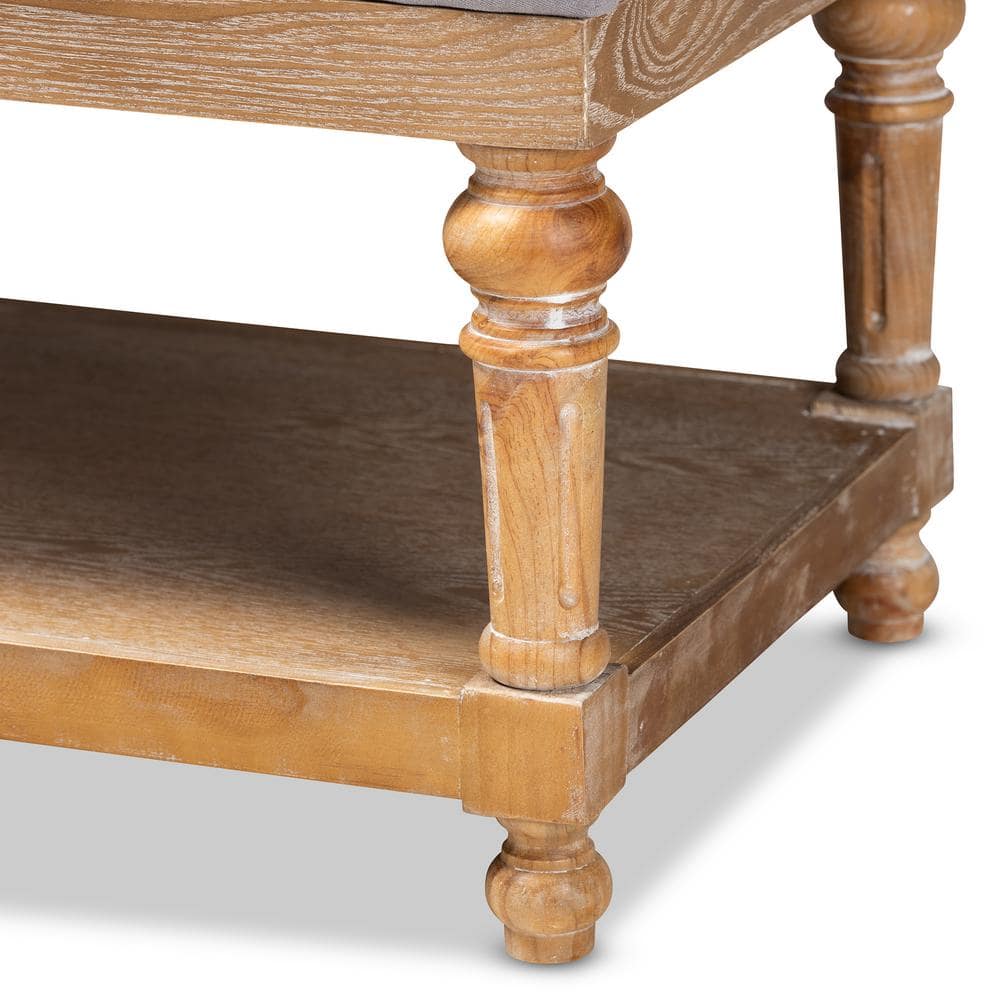 Linda Greywashed Wood and Linen Upholstered Storage Bench