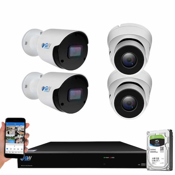 GW Security 8-Channel 8MP 1TB NVR Smart Security Camera System with 2 Wired Turret and 2 Bullet Cameras 3.6 mm Fixed Lens AI, Mic
