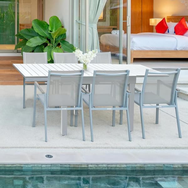 AUTMOON Patio Dining Expandable Table, Aluminum Outdoor Table for 4-6 Person Rectangular Table for Garden Lawn Porch, White