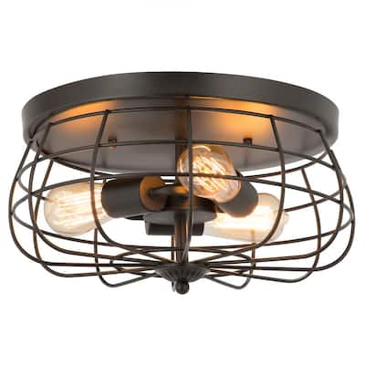 15 in. Industrial 3-Light Oil Rubbed Bronze Metal Cage Flush Mount