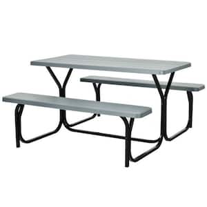 Gray Outdoor Picnic Table Bench Set with Metal Base Wood