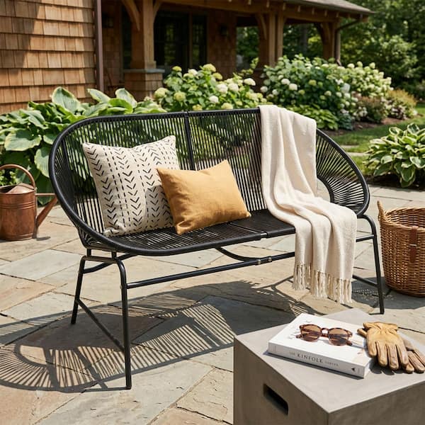 1-Piece Black Wicker Outdoor Patio Loveseat