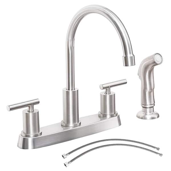 2-Handles Deck Mount 8 in. Centerset Standard Kitchen Faucet with Side Sprayer 3-Hole or 4-Hole in Brushed Nickel