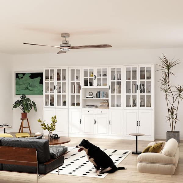126 in. Luxurious Wall Wide White Wooden 25 Shelves Standard Bookcase, Sideboard with 8 Tempered Glass Door & 2 Drawers