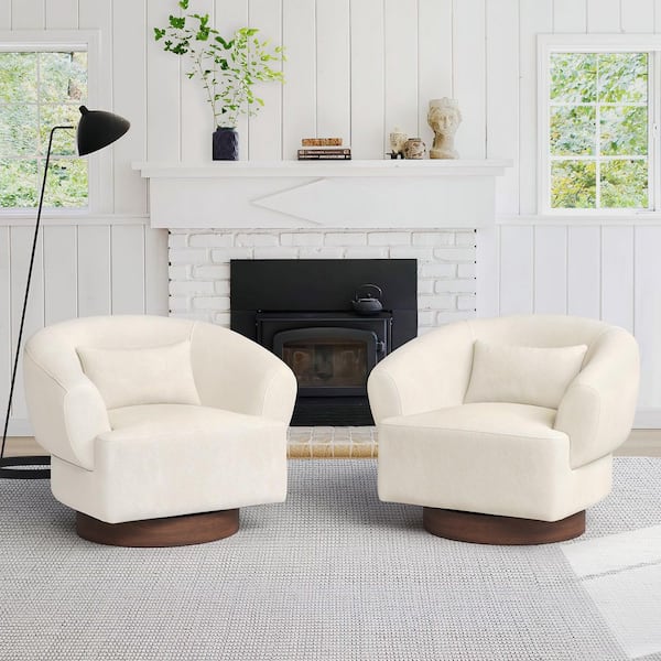Gako 32in Beige Chenille Fabric Upholstered Solid Wood Frame 360° Swivel Accent Chair(set of 2)